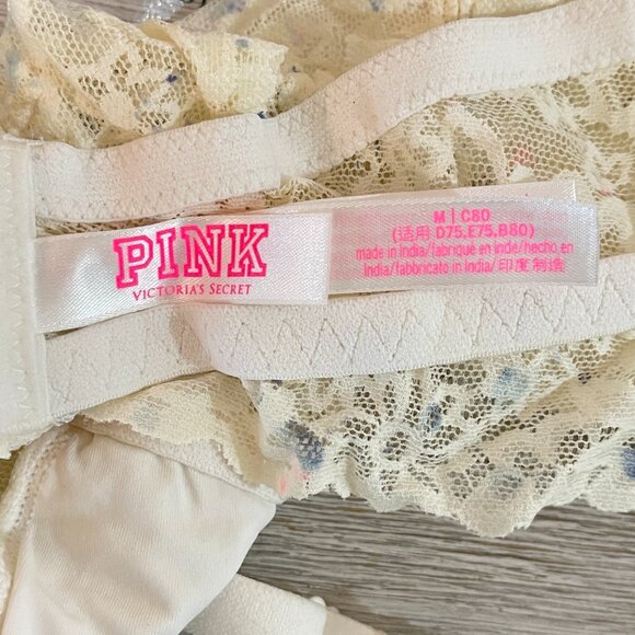 New Victoria's Secret Halter Bra Bralette Medium Ivory Lace Pink Blue Dot NWT - Picture 5 of 9